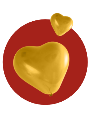 Two golden heart-shaped balloons against a red background.