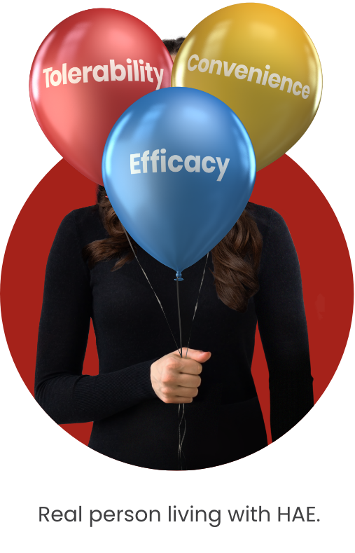 Woman holding balloons representing Tolerability, Convenience, & Efficacy